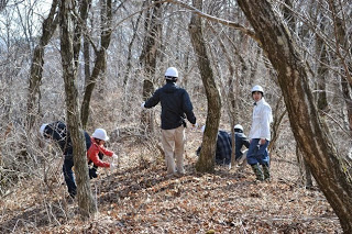 細い木が立ち並ぶ林の中で、ヘルメットをかぶった数人が作業のために集まっている写真
