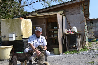 周囲にはタンクや道具が置かれている鶏小屋の前で、白い作業服を着た大沼さんが二匹の犬をなでている様子の写真