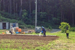 農具や道具が置かれた作業場がある森の手前にある畑で、人物がじょうろを使って水を撒いている写真