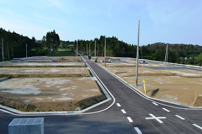 真っすぐに整備された道路の両側に、区画ごとに整地された新しい住宅用地の写真
