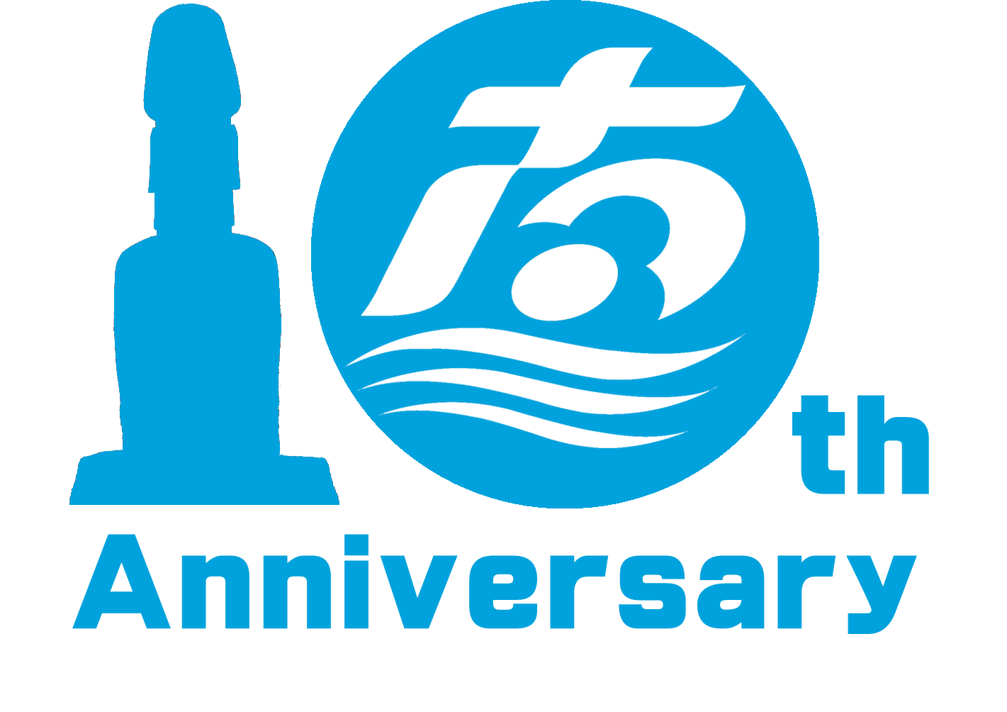 青い円形の背景に白い南三陸町の町章と、その横に町を象徴するモアイ像のシルエット、そして「10th Anniversary」の文字が配置されたロゴデザイン