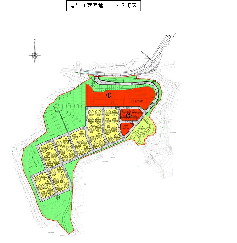 土地利用計画図が示されている志津川西団地 1・2街区の平面図