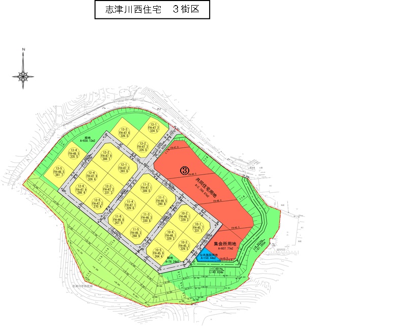 土地利用計画図が示されている志津川西住宅 3街区の平面図