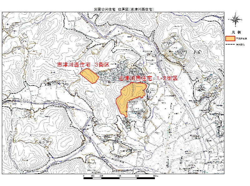 地形図に示されている志津川西住宅の防災集団移転促進事業の位置図