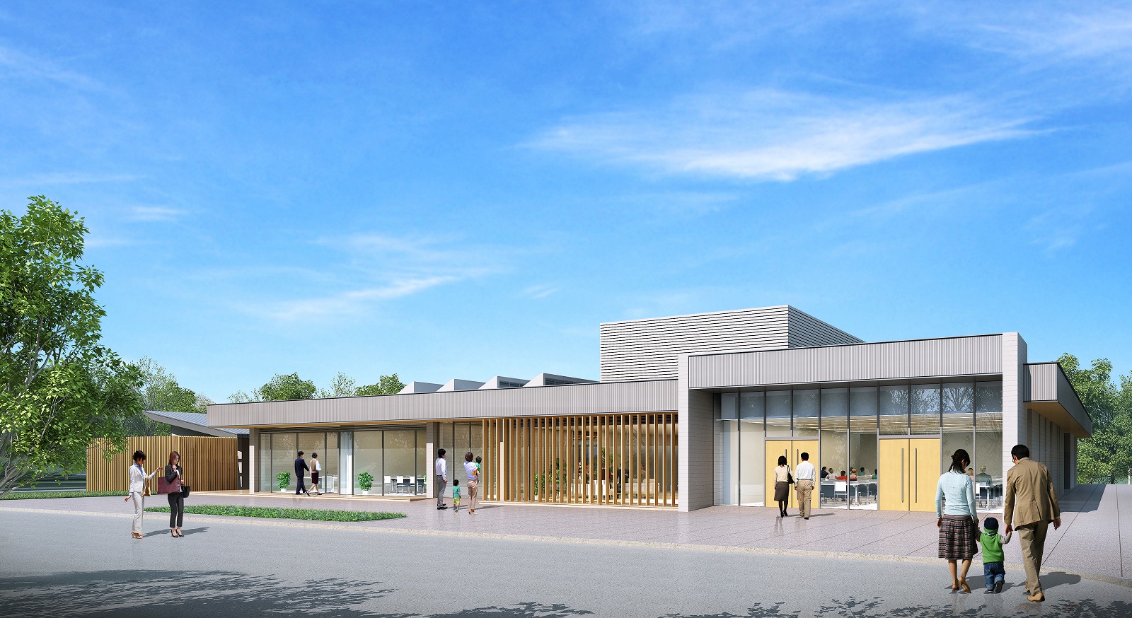 木の格子が特徴的な新しい施設の完成予想図のパース写真