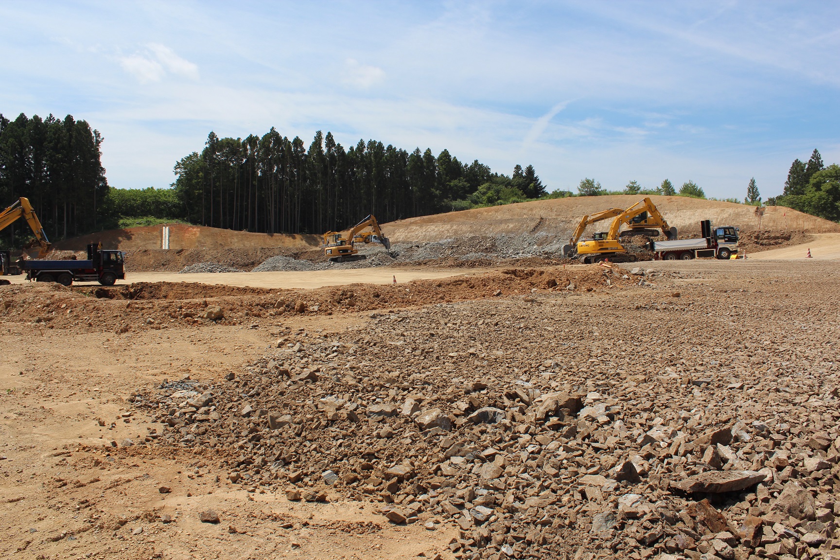 木々の前に重機が複数稼働している造成中の広い空き地の写真