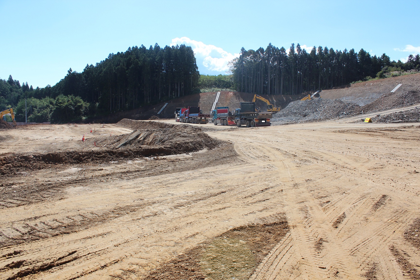 森林を背景にした造成地でダンプカーが列をなして並んでいる写真