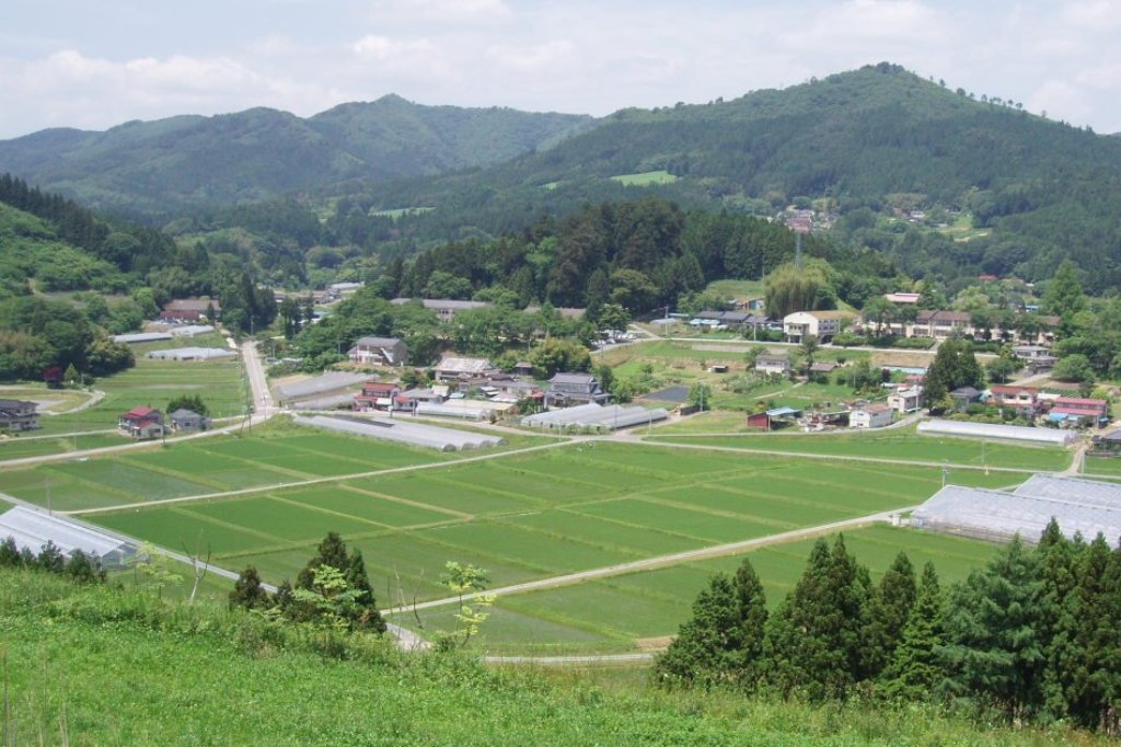 後方に山が見え、手前には田畑が広がり、その奥に民家が並んでいる緑豊かな町の風景を写した写真