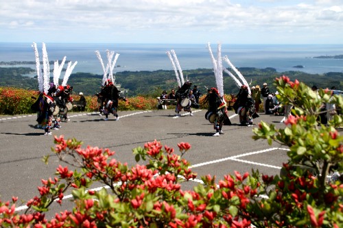 真っ赤なツツジが咲き誇る広場で、伝統衣装を身に着け背中に白い長い棒状の飾りを立てた人たちが太鼓を叩きながら踊りを披露している様子の写真