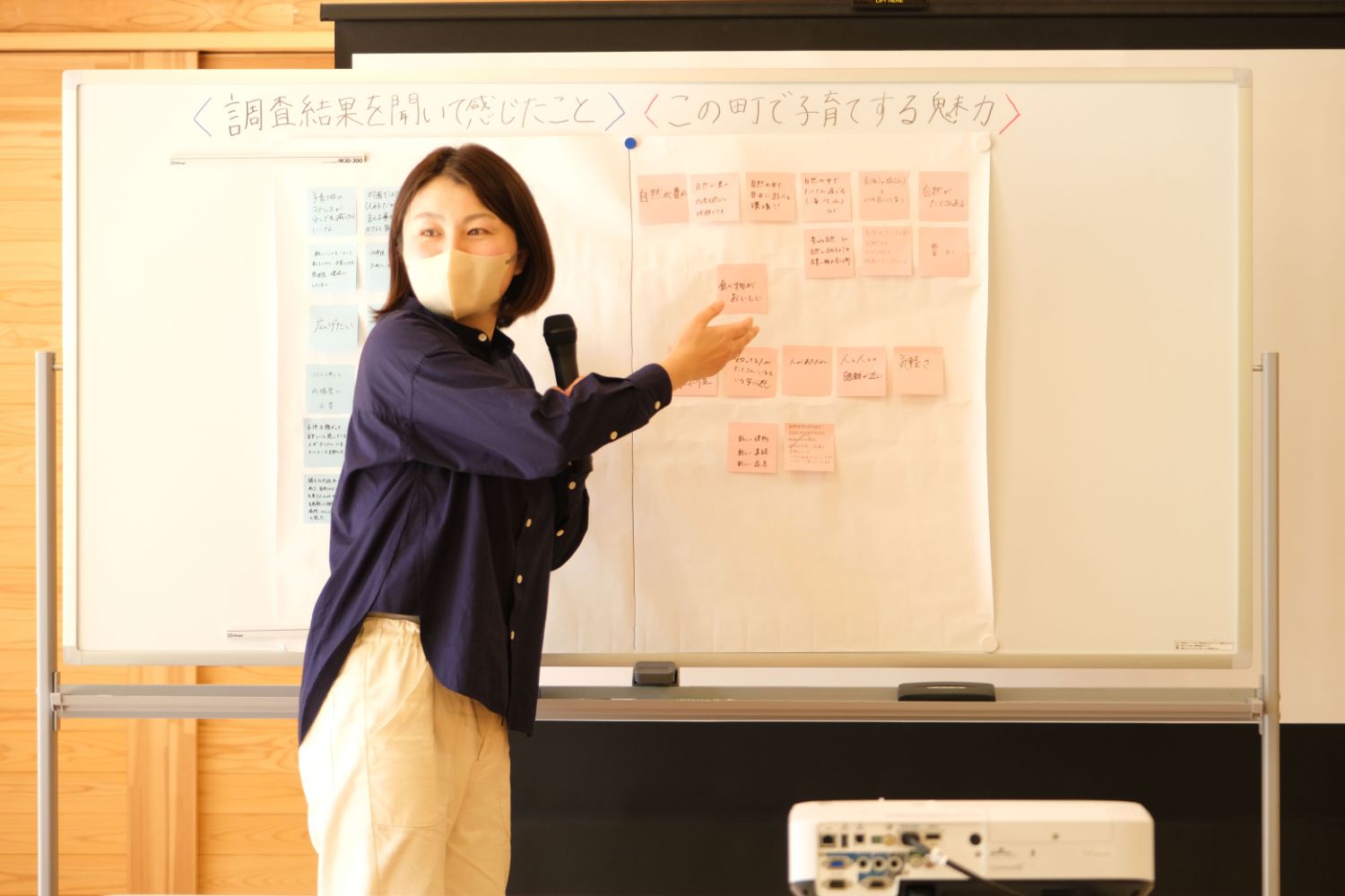 マイクを持ってホワイトボードの前に立った栗林さんが、ピンク色の付箋を指し示して参加者の方を振り返り話をしている写真