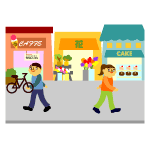 明るい商店街を男性と女性が歩いているイラスト（商店街・交流施設のページへリンク）