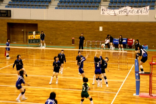 体育館のコートで、ユニフォームを着た女子バレーボールの選手たちが、真剣な表情でボールを打ち合っている試合中の様子を捉えた写真