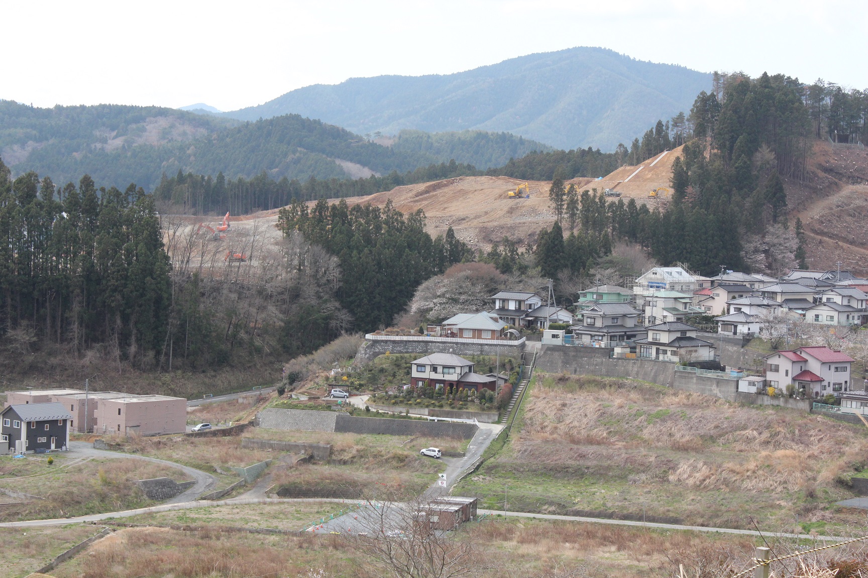 伐採後の造成工事が進む山と、手前の住宅街に囲まれた自然と開発の対比が見える写真
