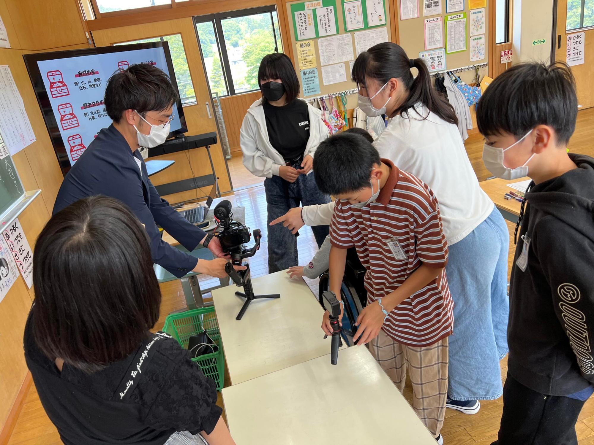 教室内で講師の男性がカメラ機材を子どもたちに説明している場面で、児童たちは興味津々にカメラを手に取って学んでいる様子の写真