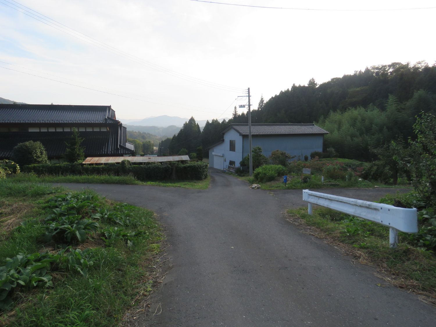 奥には山並みが広がり、周囲に家屋や畑がありカーブの道路の途中に青いポストのある写真