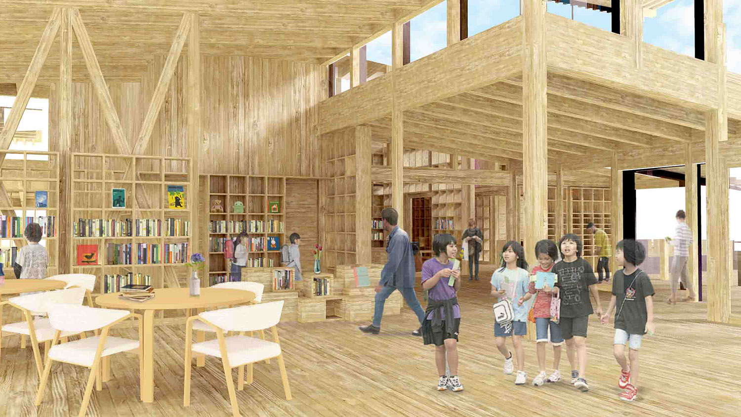 木造の図書館の室内で、大きな窓から自然光が差し込み、本棚に本が並び、テーブルや椅子が置かれた空間で複数の人々が読書したり歩いたりしている様子の写真