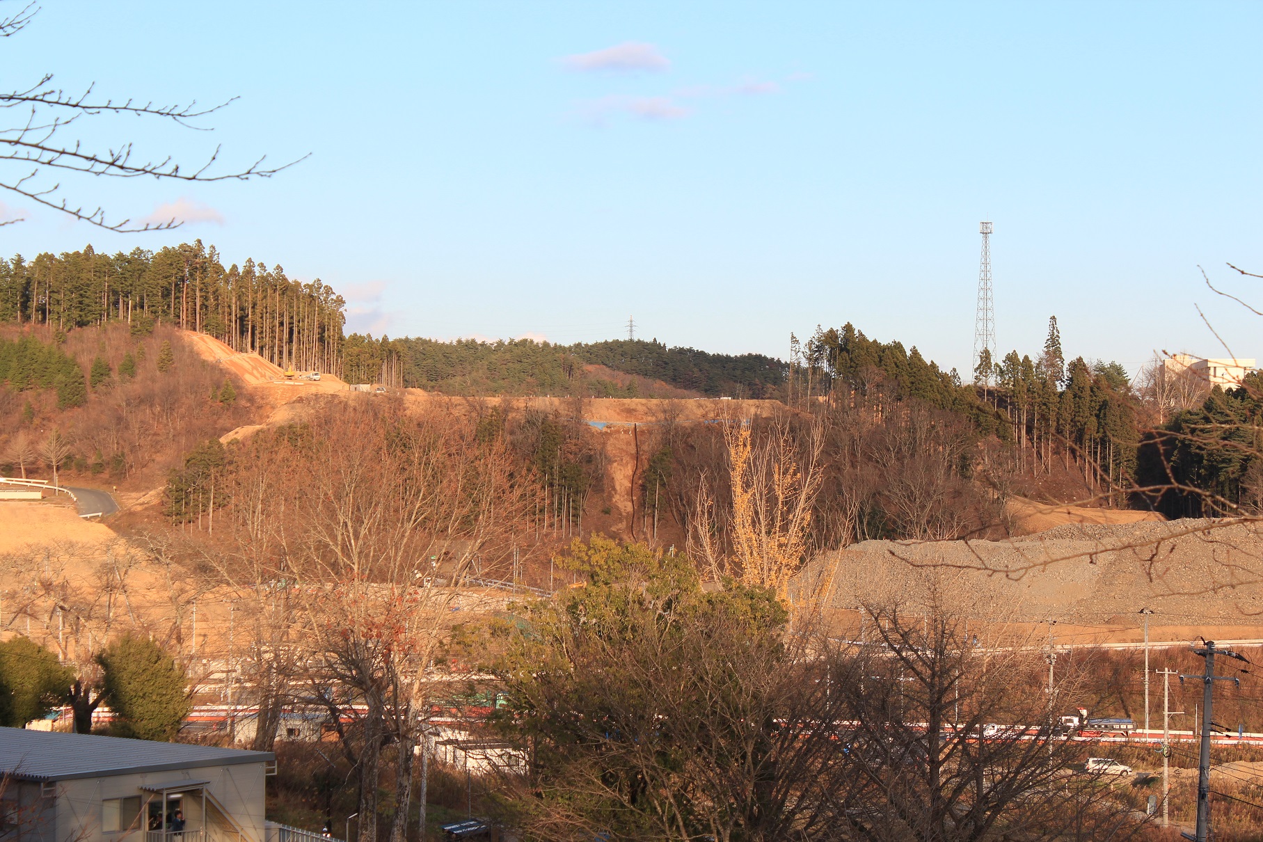 手前左側に外付け階段のあるプレハブ小屋があり、周りの木々の葉がすっかり落ち、奥の造成地が良く見える写真