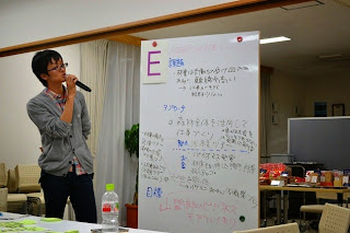 Eと表示されたホワイトボードの前に立つ男性が、マイクを持って青字と黒字で書かれた意見を指差しながら発表を行っている写真