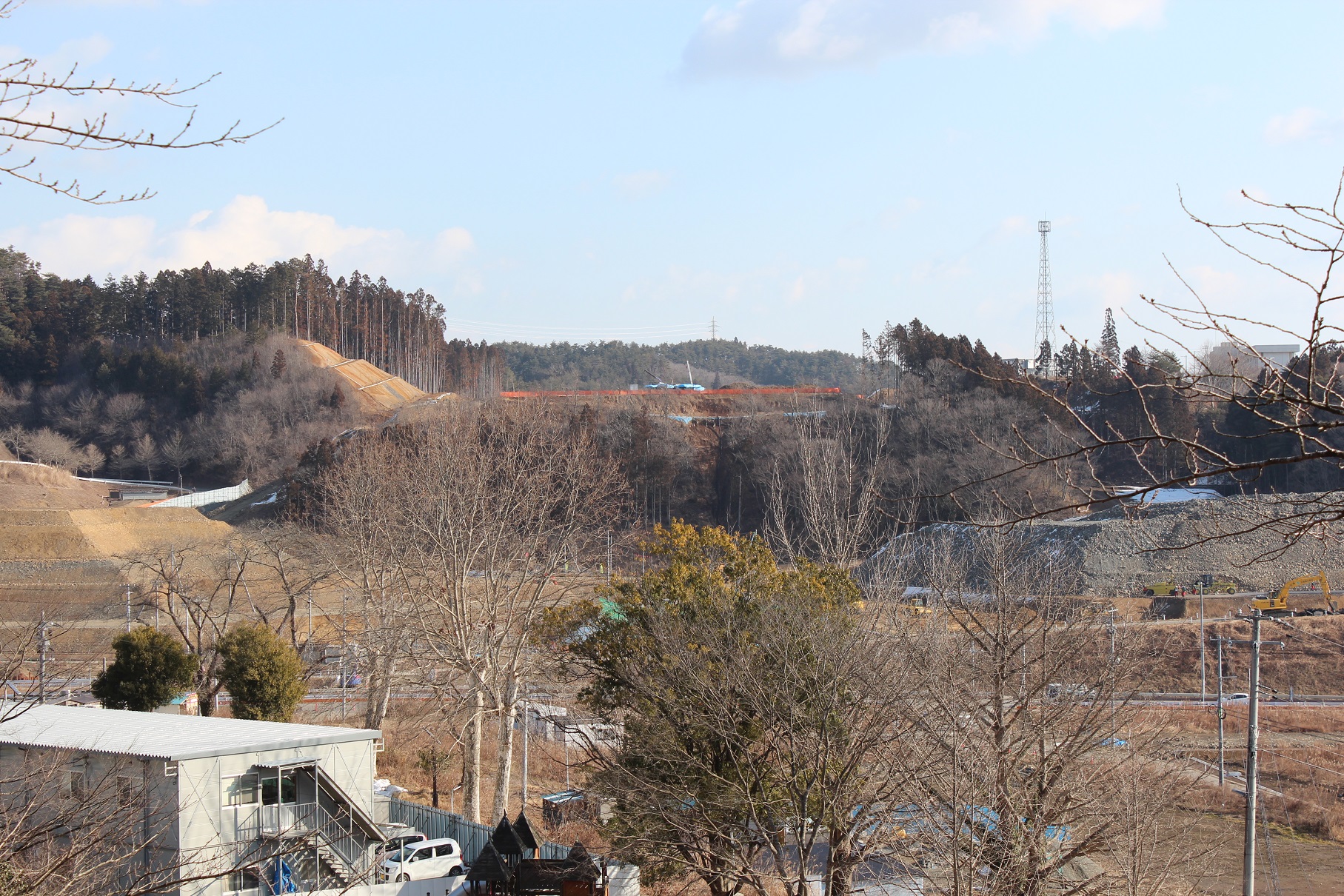 葉っぱが落ちた木々の奥の左側に段状になった斜面が見え、中央部分には2台のクレーン車が見えている写真