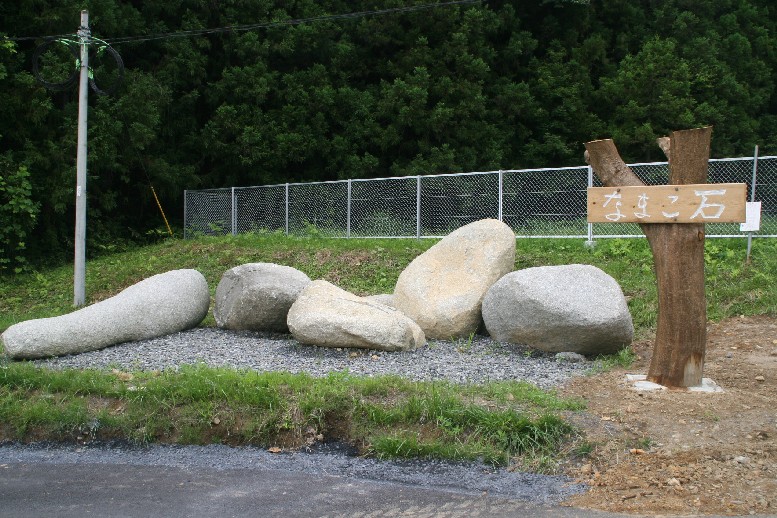 「なまこ石」と書かれたプレートの横に細長い石を含む大小五つほどの丸びを帯びた大きな石が置かれている写真