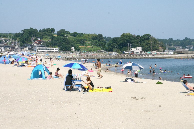 白い砂浜に、青いテントやカラフルなパラソルが多数広げられ、大勢の家族連れや人々が海水浴や日光浴を楽しんでおり、波打ち際には海に浸かる人々の姿が見える、海水浴場の賑やかな風景写真