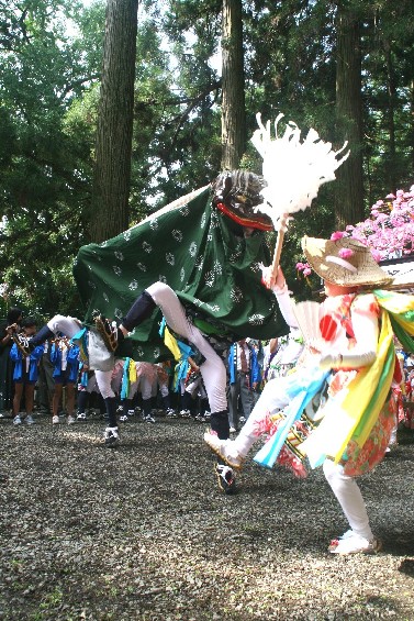 木々に囲まれた神社の境内で、緑色の布を被った獅子頭の役者が、白い御幣を持つ道化役の役者と向かい合い、激しく足を蹴り上げながら舞を披露している、入谷八幡神社の例大祭
