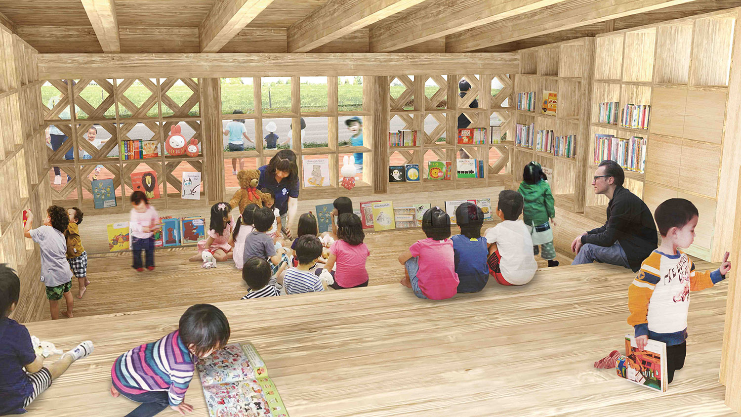 木製の内装で囲まれた部屋に多くの子供たちが座っており、本棚には絵本やぬいぐるみが並び、窓から外の景色が見える生涯学習センターのイメージ図