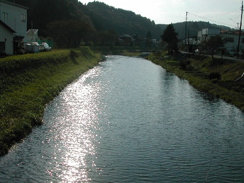 水面が太陽の光を反射してきらめく穏やかな川が中央を流れ、両岸は草に覆われた土手になっており、奥の左右には民家や木々が見える山間の静かな風景写真