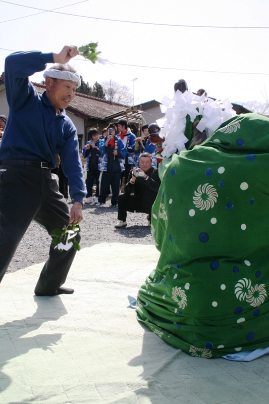 鉢巻きを締めた男性が幣束を振り上げて緑色の獅子頭に扮した獅子と対峙しており、後方では観客がその様子を見守っている波伝谷春祈祷の虎舞の様子を写した写真