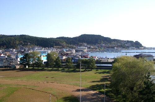 芝生のグラウンドが手前に広がり、その奥に建物や漁船がひしめく活気ある漁港の街並みと、周囲を豊かな緑の山々に囲まれた風景写真