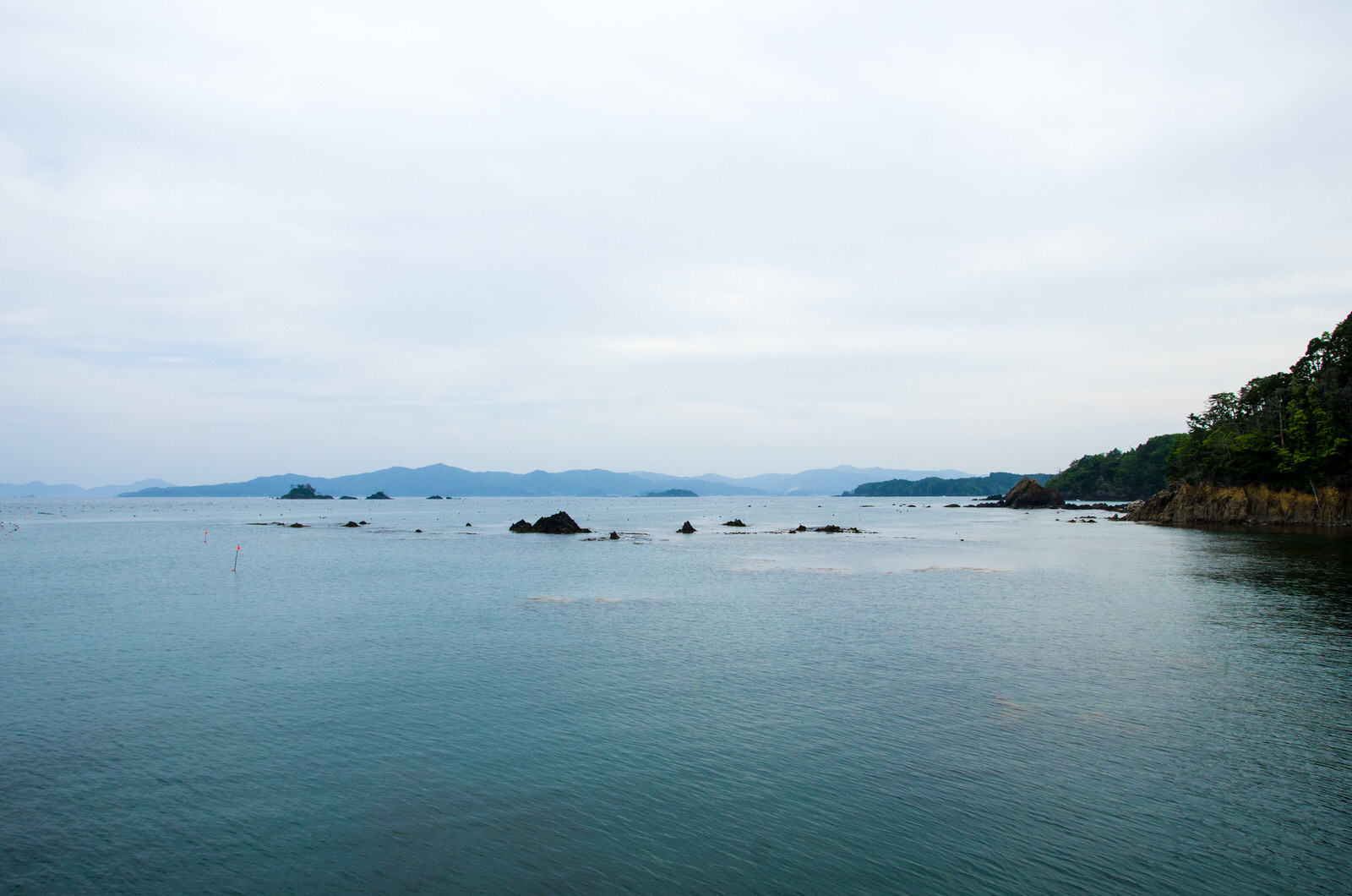 遠くに山影が見える海に岩が点在し、右側には緑豊かな陸がある写真