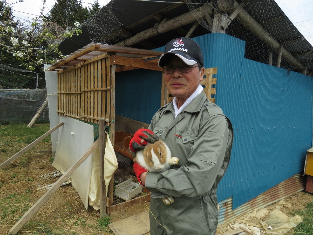 青いトタンと木で作られた小屋の前で、作業服を着た仲松さんが両手で茶白のウサギを抱っこしている写真