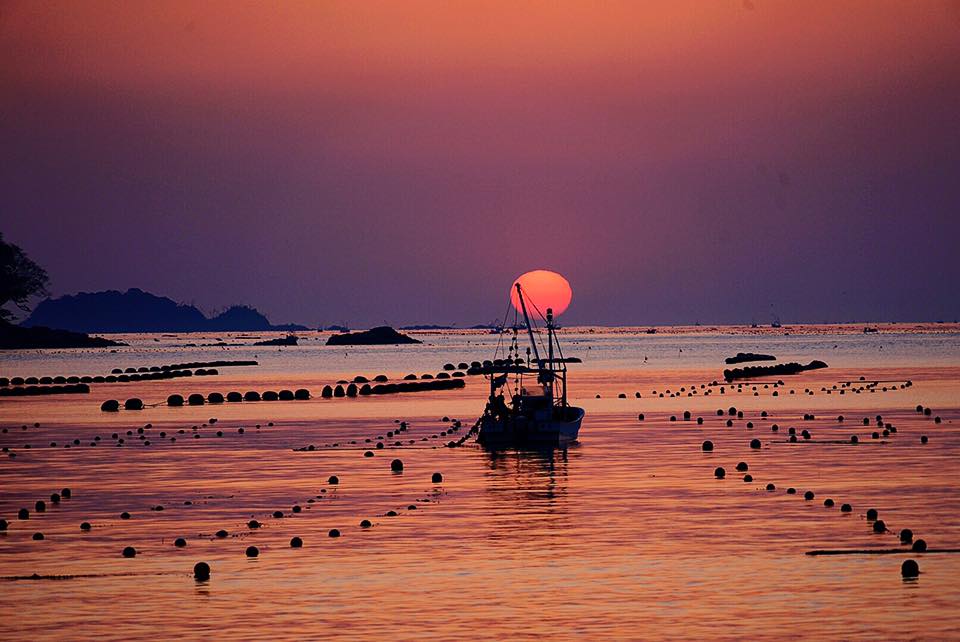 夕焼けで赤く染まった海にたくさんのブイと1隻の小型漁船のシルエットが浮かび、船の真後ろには、オレンジと紺が混ざった空に水平線近くまで沈んだオレンジ色の太陽が見える幻想的な写真