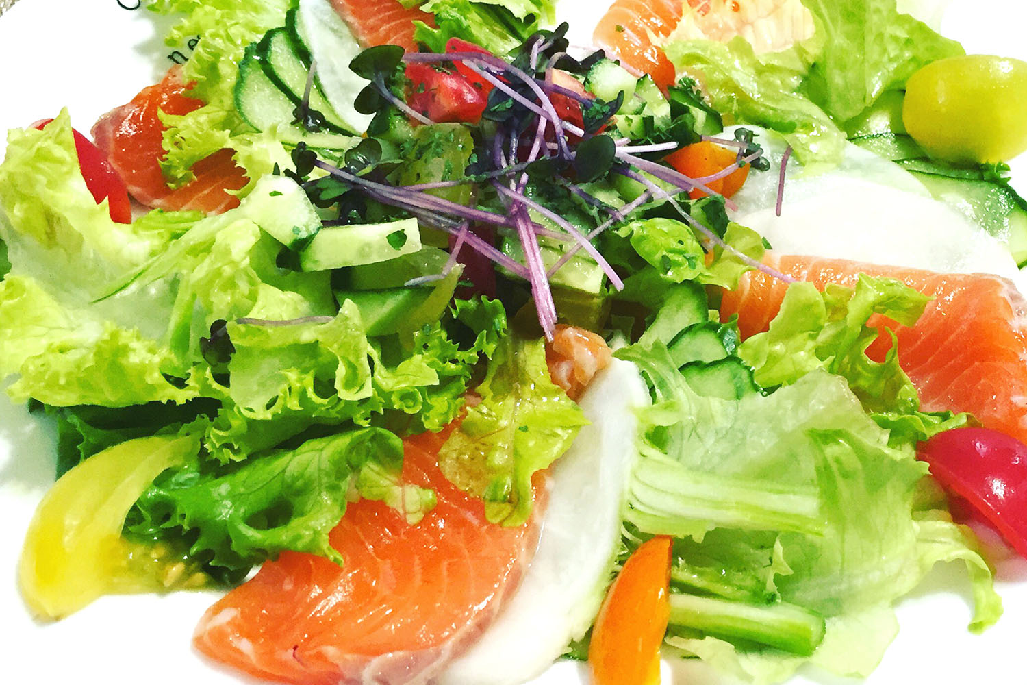 白い皿に薄切りの鮭と多種の生野菜が盛り付けられ、上に紫色のスプラウトが飾られているサラダの写真