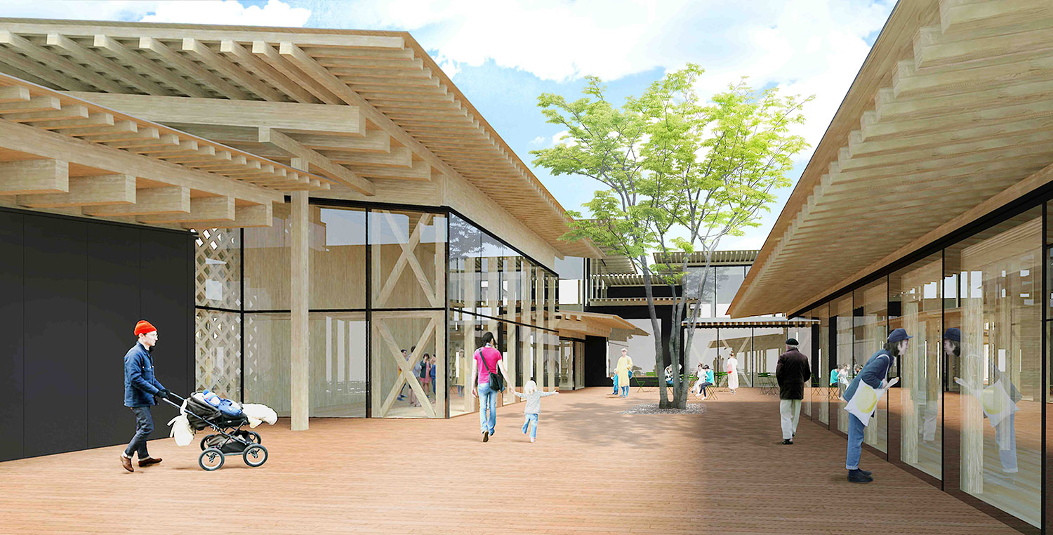 木造の建物が並ぶ広場にガラス張りの壁や大きな木があり、人々が散歩したりベビーカーを押したりしている様子を描いた生涯学習センターのイメージ図