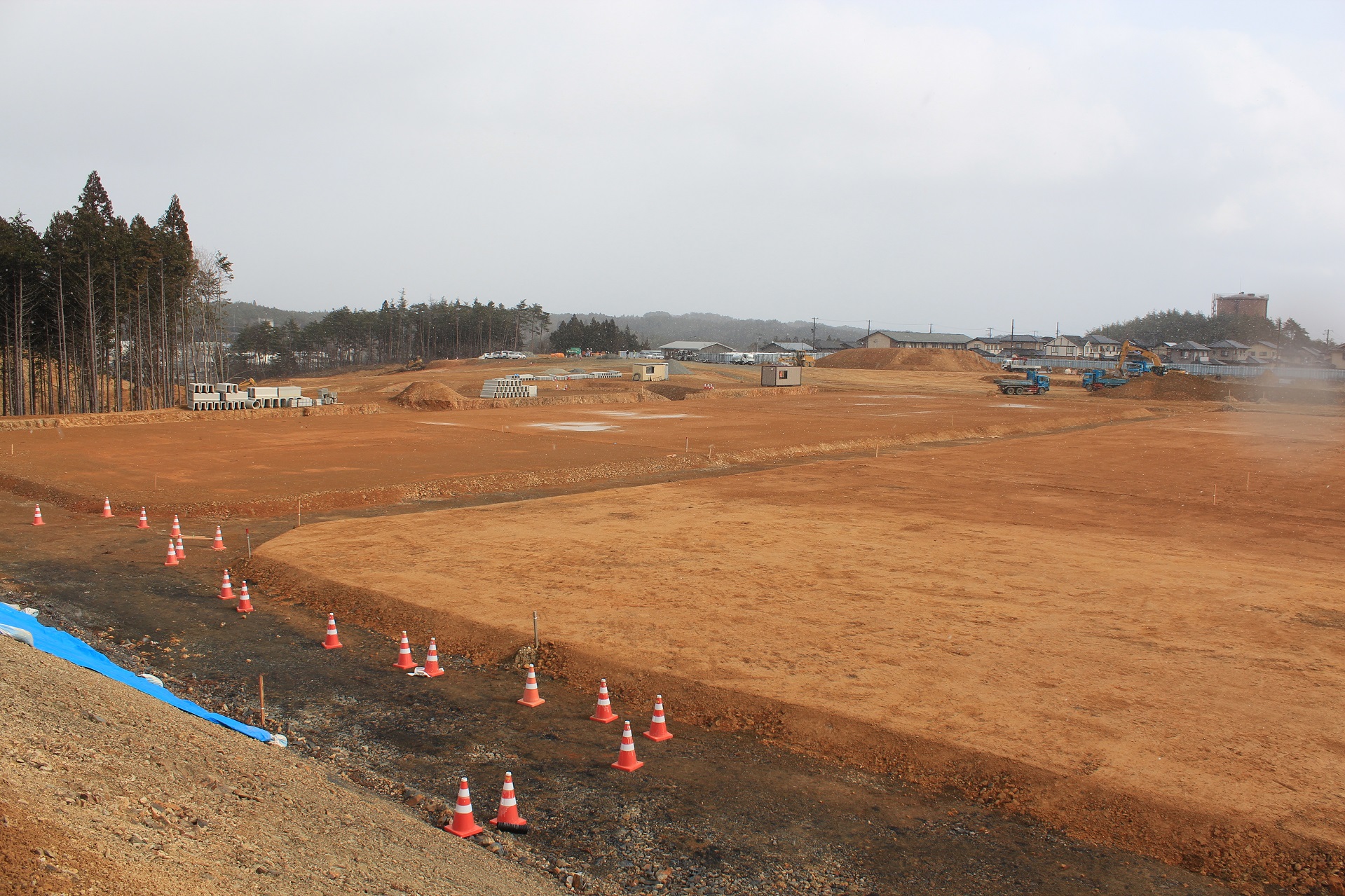 広大な造成地にオレンジ色のコーンが並べられ、背景には木々や建設中の建物が見える写真