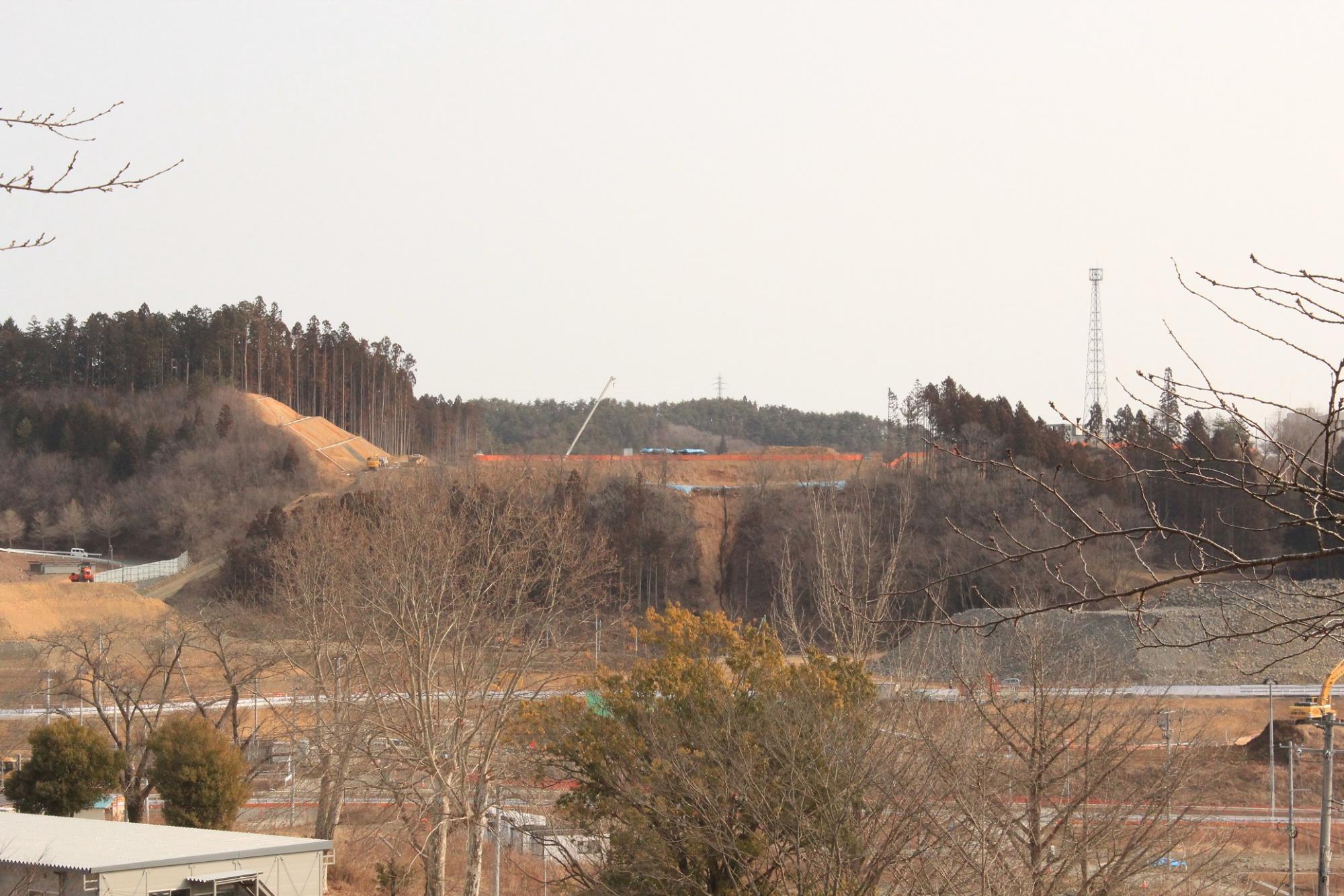 冬枯れの木々の向こうに造成地が広がり、山の斜面には整備された階段状の土地や工事用車両、クレーンが見えている写真