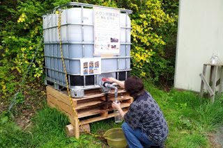 木のパレットの上に設置された大型タンクから、女性が蛇口をひねって容器に液体を入れている液肥の受け取りの様子の写真