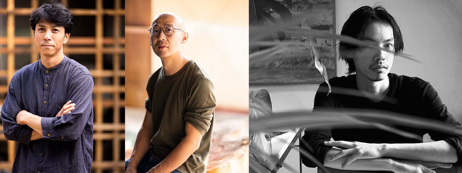 木造建築の背景や室内で、それぞれ異なるポーズをとる前田圭悟さんと山口雄作さんとNao Tokudaさんが並んで写っている写真