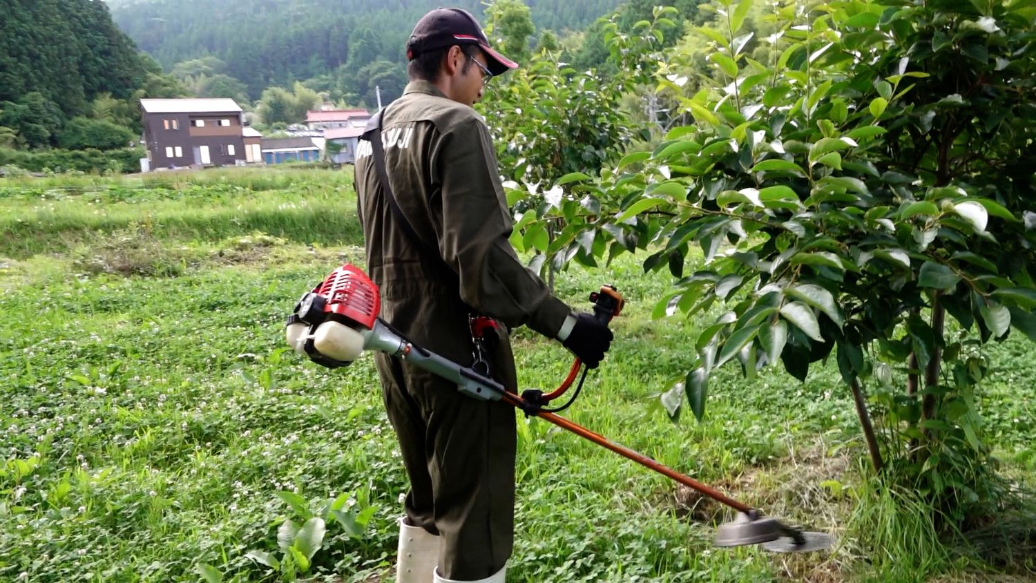 太田一さんが草刈機を使って果樹園の草を刈っている写真