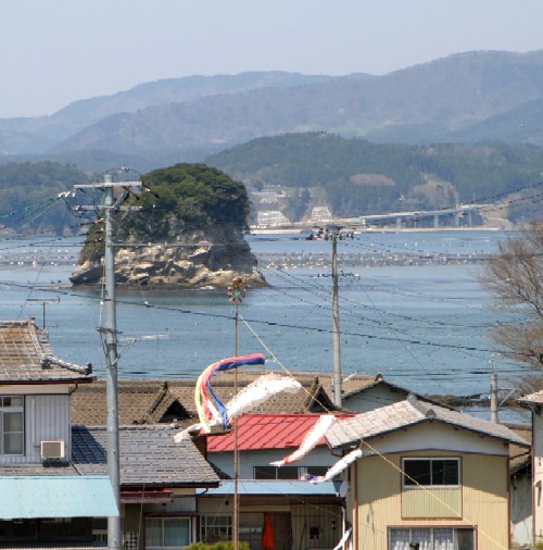 屋根瓦の住宅群の中央に鯉のぼりが風に煽られながら泳いでおり、その奥の海には緑の木々が生い茂る岩礁の小島が浮かんでいる様子を捉えた写真