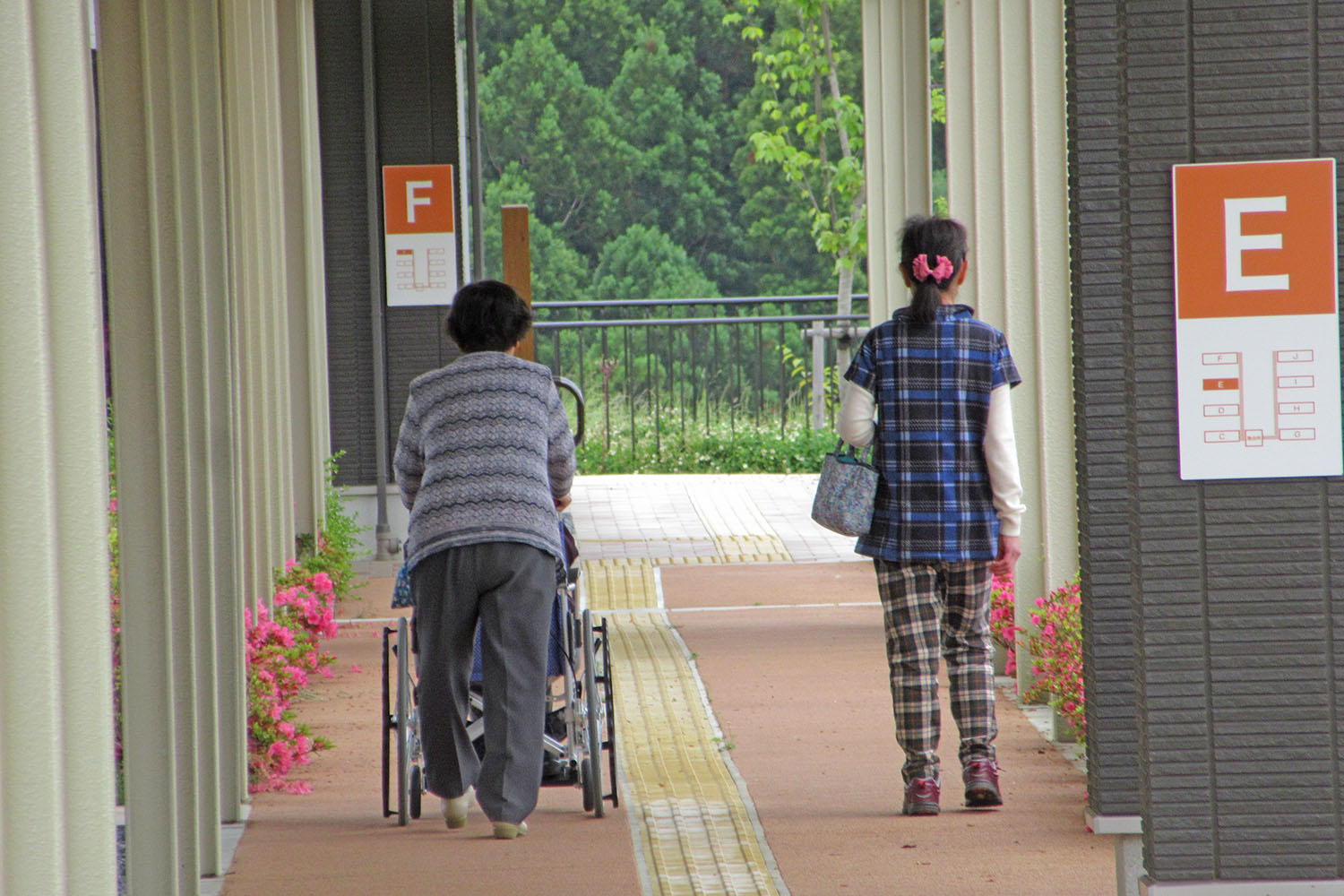 建物の棟名が表示されている住宅の通路を、車椅子を押しながら歩く女性と並んで歩く女性の後ろ姿の写真