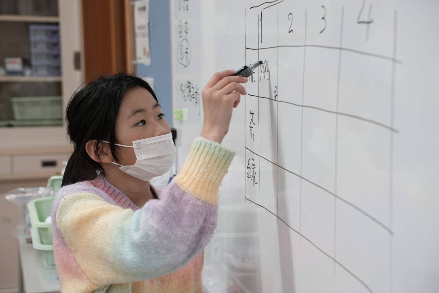 女の子がホワイトボードにデータを書き込み、観察結果を記録している写真