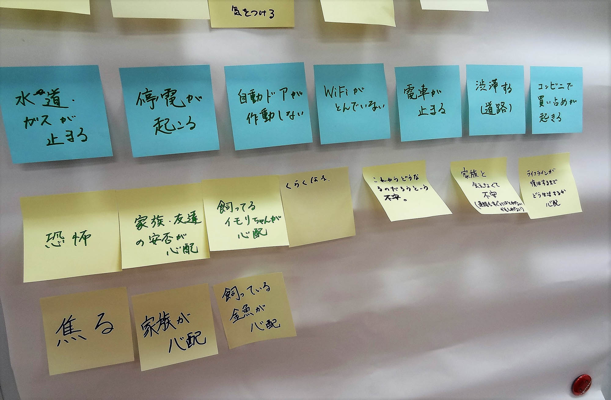 ホワイトボードに貼られた青色と黄色の付箋に、『水道・ガスが止まる』『自動ドアが作動しない』『家族・友達の安否が心配』など、災害時の不安がたくさん書かれている写真