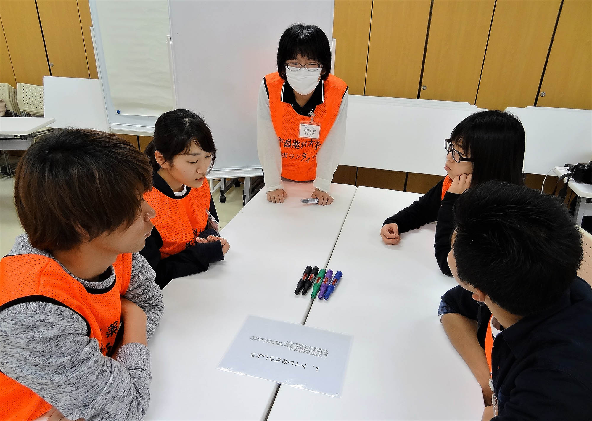 5人の若者が白い机を囲んで座り、1人が立って話をし机の上にはマーカーと紙に書かれた「トイレをどうしよう」をテーマに話し合いをしている様子の写真