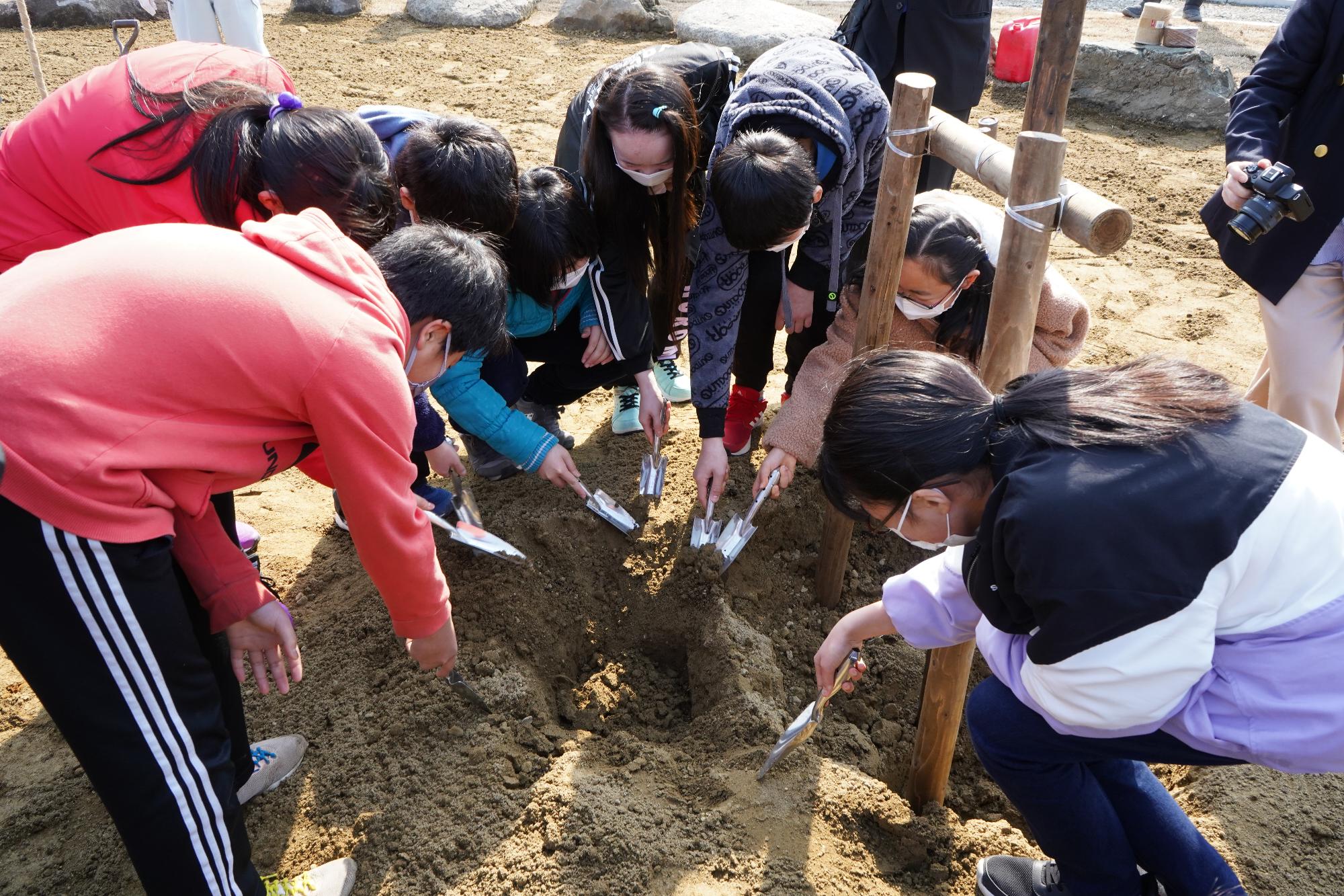 子どもたちが小さなスコップを使って植樹の為の穴を掘っている写真