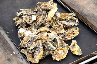 鉄板の上にたくさんの殻付きの牡蠣が置かれている写真