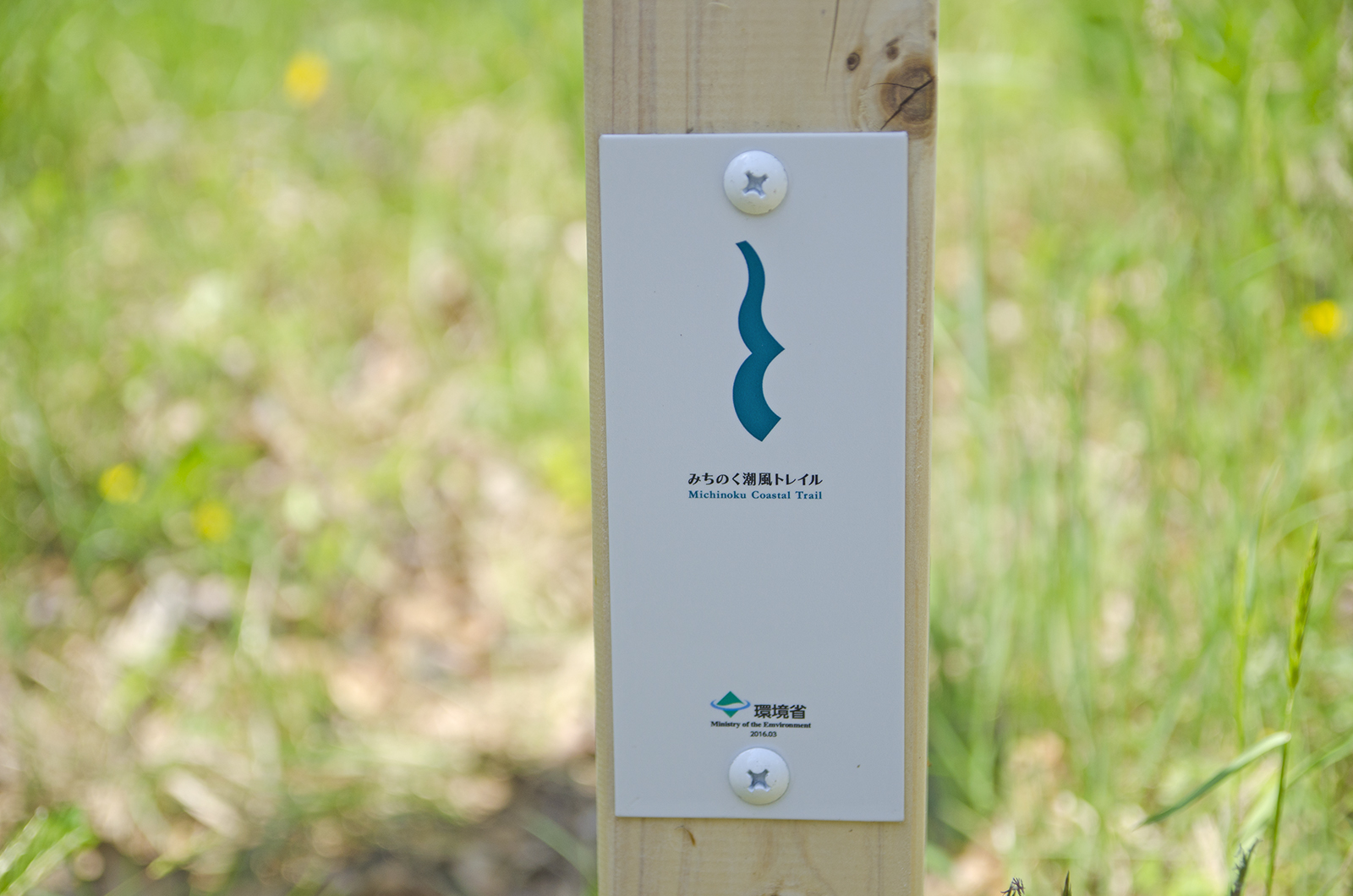 野原を背景に「みちのく潮風トレイル」と書かれロゴマークが乗った小さな目印の札が付いた細い木の板が立っている写真