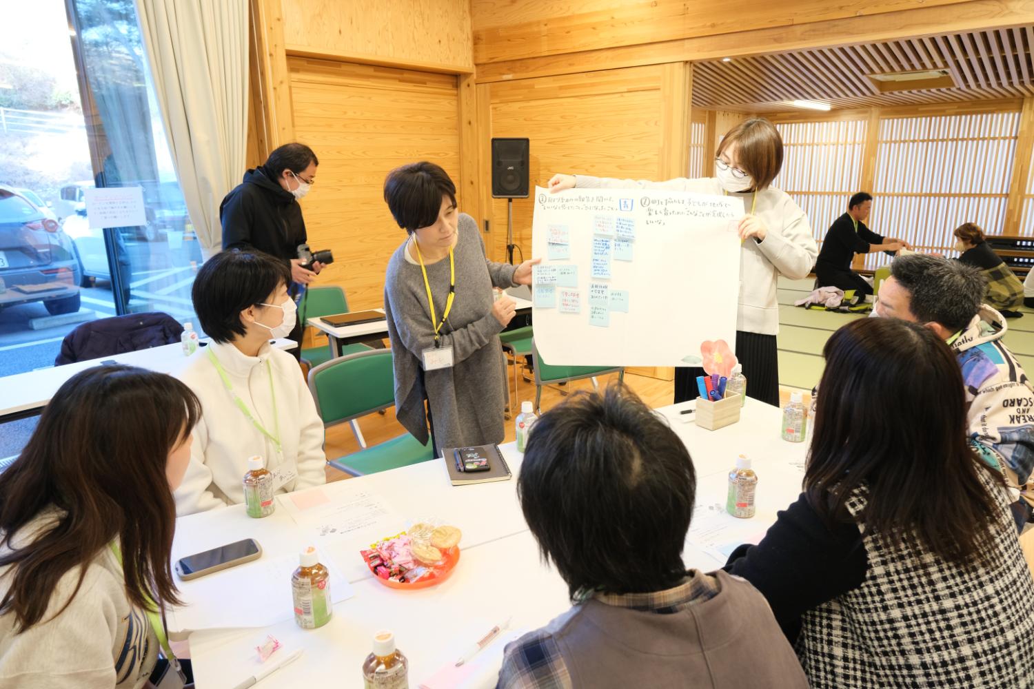 明るい室内で、7人の大人がテーブルを囲み、2人の女性が模造紙に貼られた青い付箋を指しながら発表していているワークショップの写真