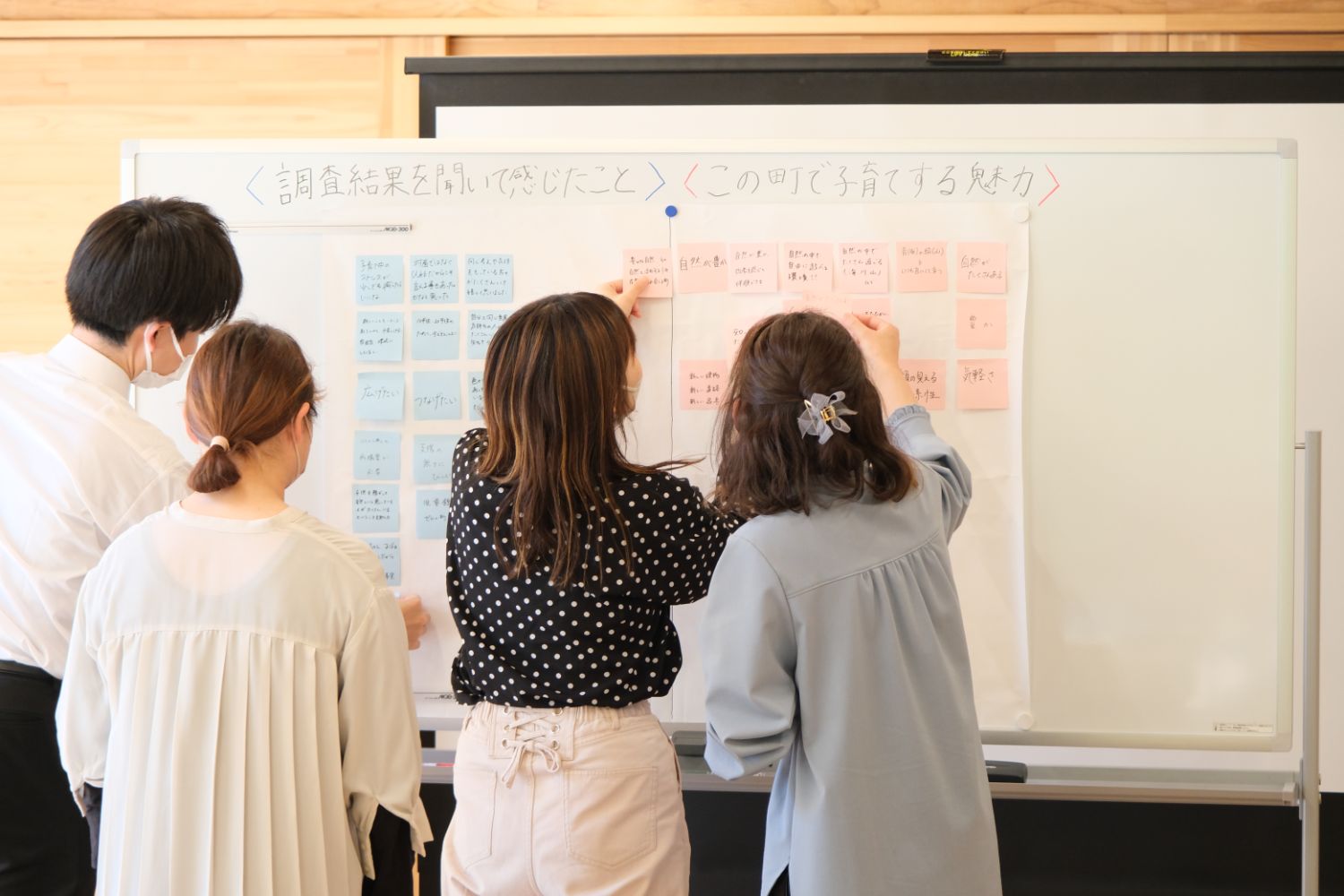 4人の参加者がホワイトボードに貼られた模造紙に、ピンクと青の付箋紙を左右に分けて貼りつけている様子の写真